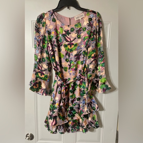 SALONI Silk Floral Ruffle Mini Dress Multicolor Light Pink Lined Slip Size 8 - Picture 5 of 13